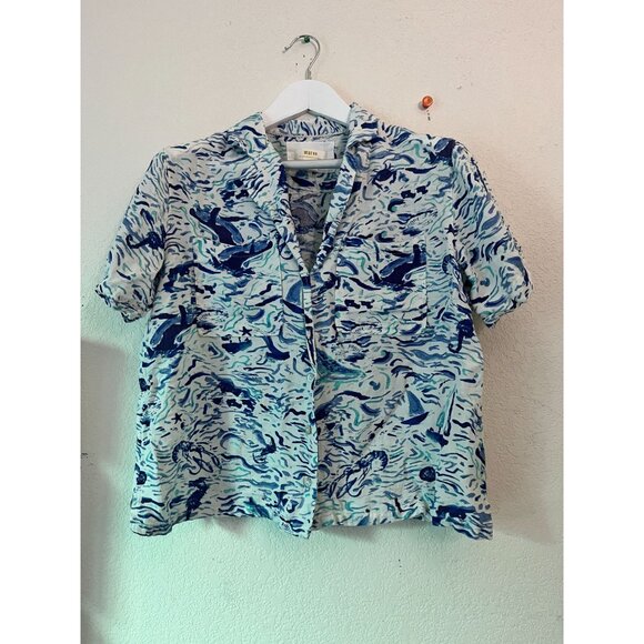 Maeve Anthropologie Women Nautical Print Short Sleeve Button-Up Shirt Small Blue - Picture 1 of 10